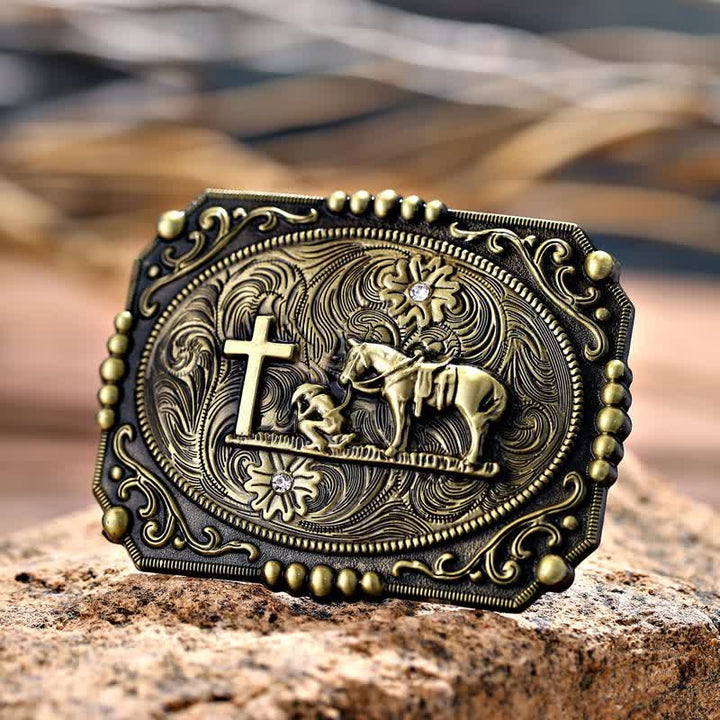 Cintura in pelle fai da te da uomo con fibbia per preghiera inginocchiata a forma di croce di cavallo