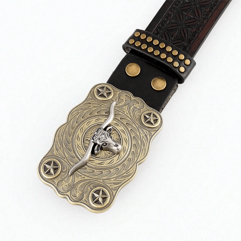Cintura in pelle con decorazioni borchiate a forma di testa di toro Longhorn da uomo