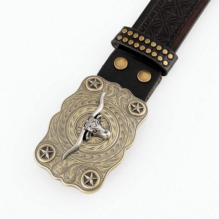 Cintura in pelle con decorazioni borchiate a forma di testa di toro Longhorn da uomo
