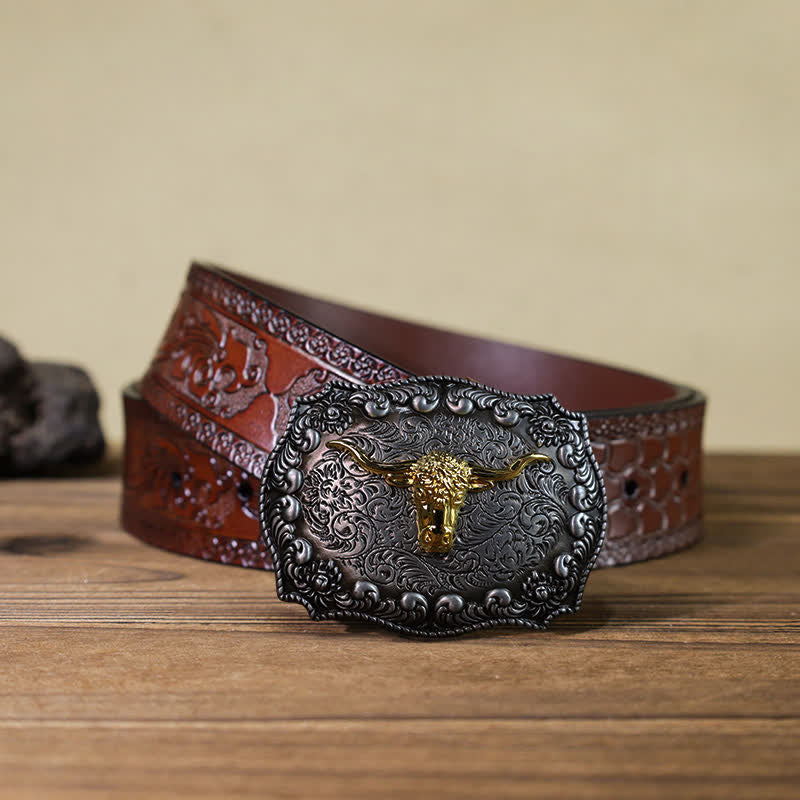 Cintura in pelle fai da te con fibbia in argento anticato Longhorn Bull da uomo