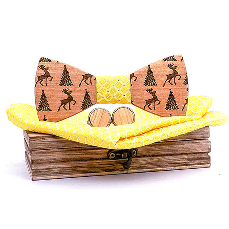 Set di 3 papillon in legno con motivo a cervo e albero di Natale da uomo