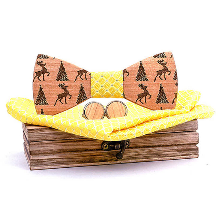 Set di 3 papillon in legno con motivo a cervo e albero di Natale da uomo