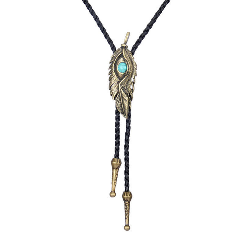 Cravatta Bolo a forma di piuma con intarsi in pietra turchese blu - Oro antico - image 0
