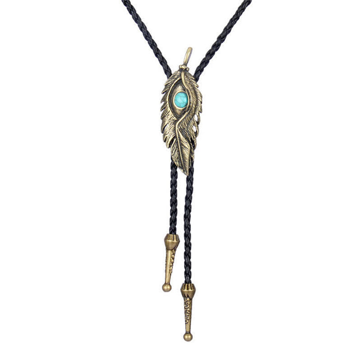 Cravatta Bolo a forma di piuma con intarsi in pietra turchese blu - Oro antico - image 0