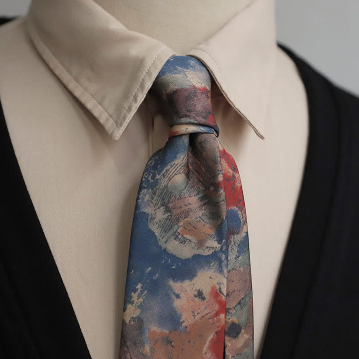 Cravatta artistica vintage da uomo con motivo dipinto blu e rosa