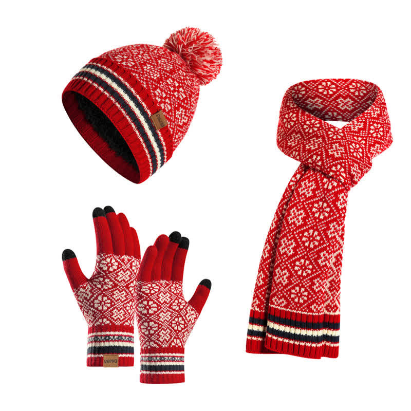 Set di 3 guanti touchscreen unisex con cappello e sciarpa a fiocco di neve