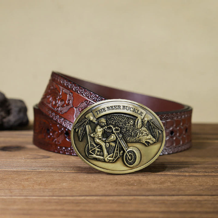Cintura in pelle con fibbia porta birra creativo fai da te per motocicletta da uomo - Bronzo - Cintura marrone intagliata (40) - image 25