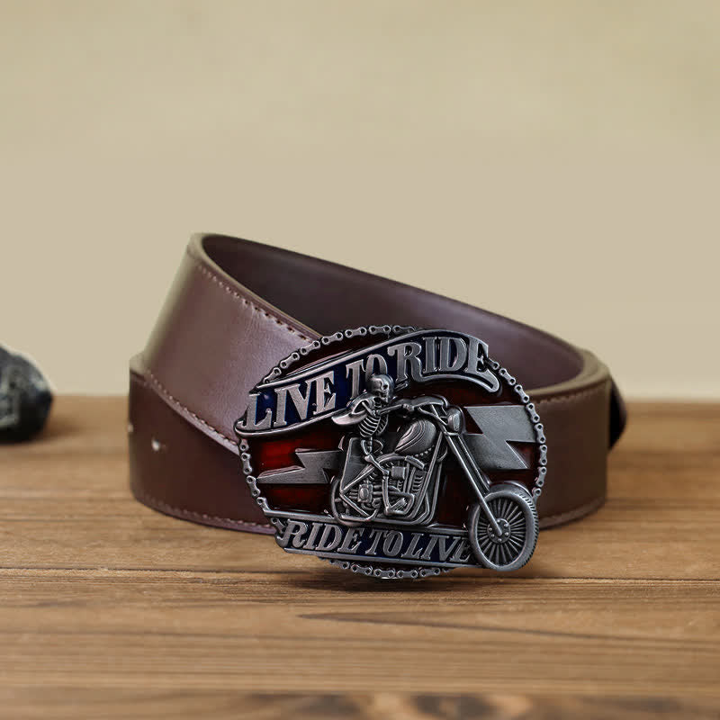 Cintura in pelle con fibbia Live to Ride da motociclista con teschio fai da te da uomo