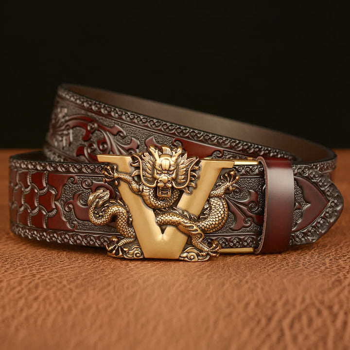 Cintura in pelle con goffratura a forma di drago con lettera V da uomo - image 3