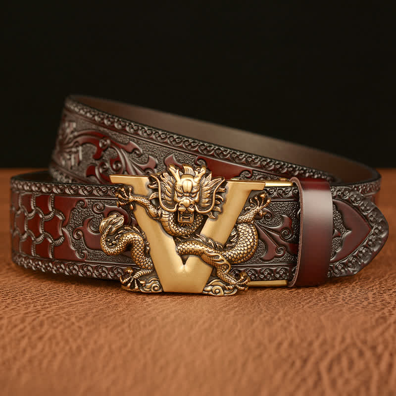 Cintura in pelle con goffratura a forma di drago con lettera V da uomo