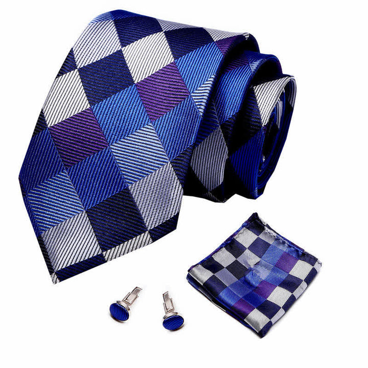 Set di 3 cravatte da uomo a scacchiera blu e grigia moderna