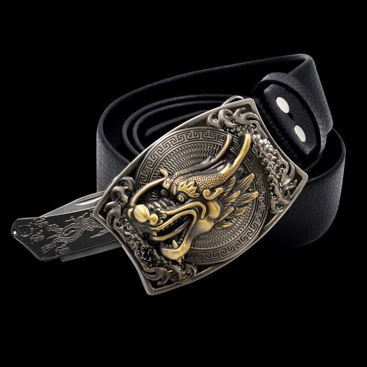 Cintura da uomo in pelle con testa di drago dorata e coltello pieghevole - Drago - 46 - image 0