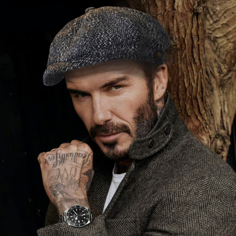 Berretto ottagonale da strillone in tweed maculato nero
