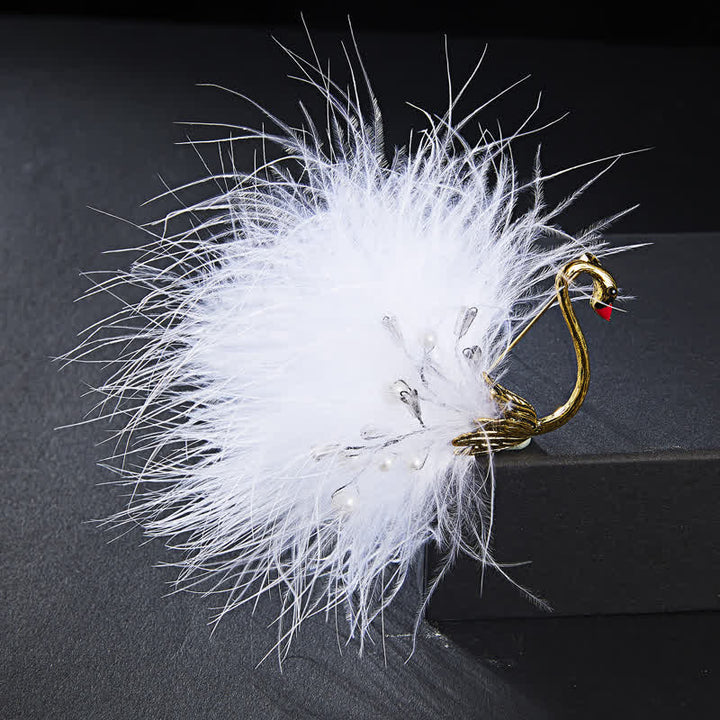 Spilla da donna con piuma di peluche a forma di cigno bianco/nero