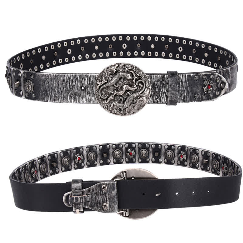 Cintura in pelle con ornamento leone rubino borchiato da uomo