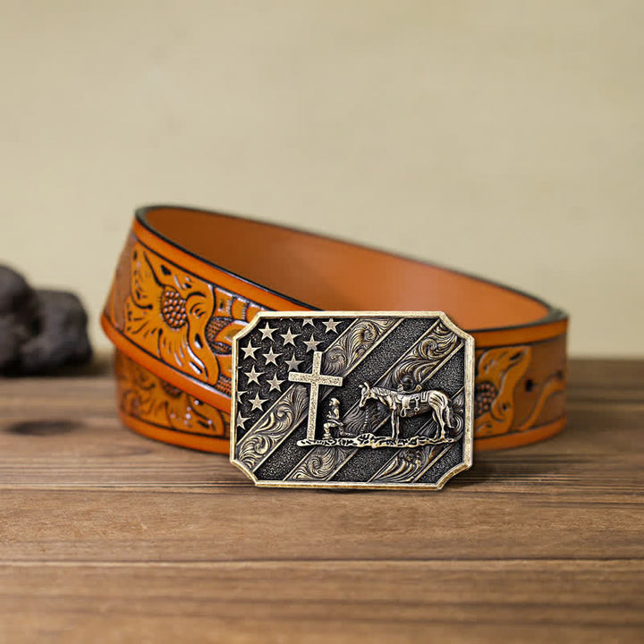 Cintura in pelle fai da te da uomo con fibbia a forma di cavallo con croce e bandiera americana