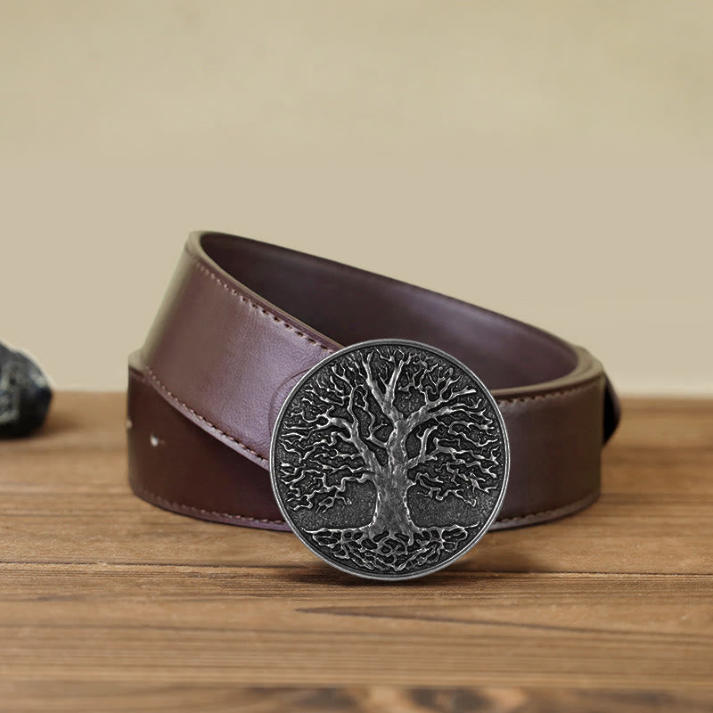 Cintura in pelle con fibbia rotonda fai da te con albero della vita da uomo - Argento - Cintura PU marrone (40) - image 13
