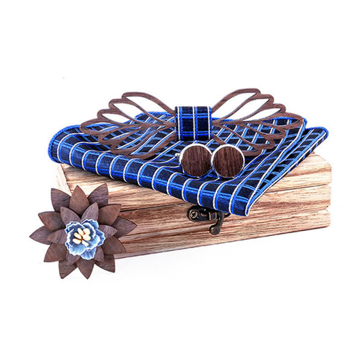 Set di 4 papillon in legno a forma di foglie cave da uomo - Plaid blu navy - image 9