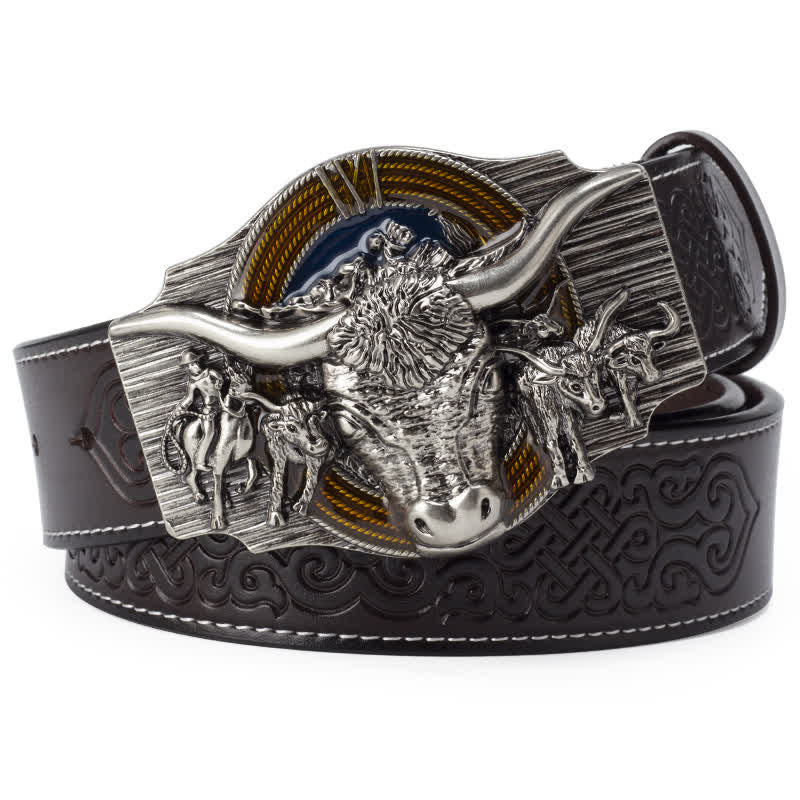 Cintura in pelle goffrata Longhorn Bull da uomo - Caffè / Argento - 46 - image 7