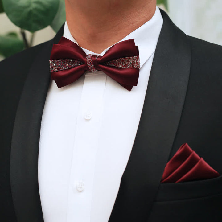 Papillon da uomo con strass rosso e fazzoletto da taschino
