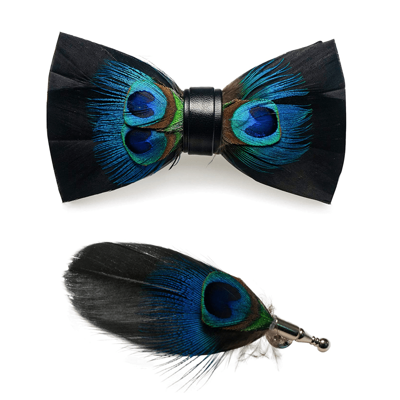 Papillon con piume di pavone blu e nere per bambini con spilla da bavero