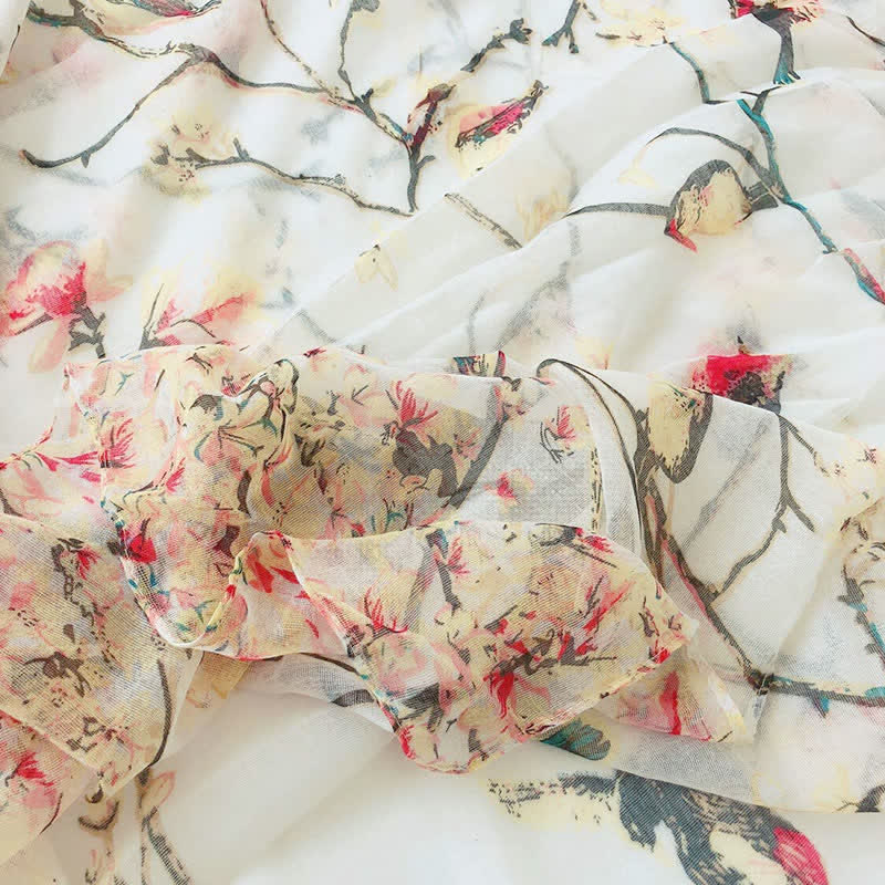 Sciarpa leggera da donna con uccelli floreali in fiore