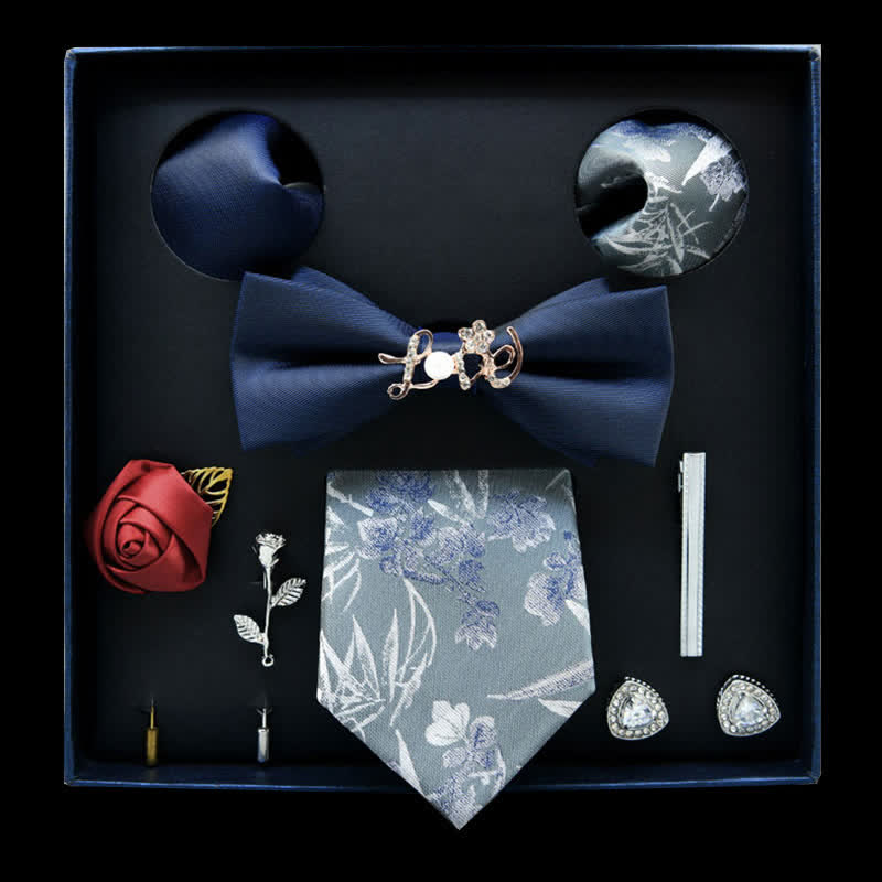 8 pezzi blu e grigio floreale casual cravatta papillon scatola regalo - Blu e grigio - image 0