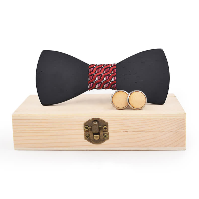 Set di 2 gemelli da uomo in legno nero con papillon - Geometria rossa - image 5