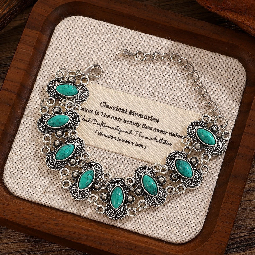 Bracciale vintage boho con turchese marquise e maglie intagliate in argento antico - Verde scuro - image 6