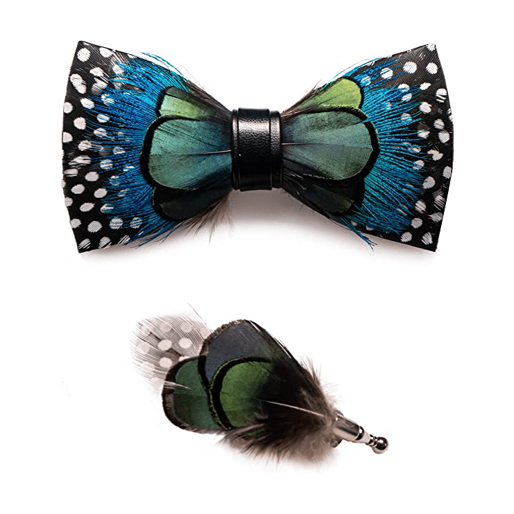 Papillon con piume a pois verdi e blu per bambini con spilla da bavero - image 6