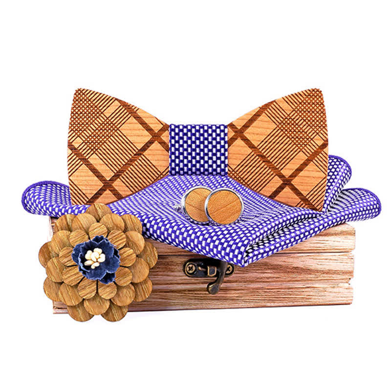 Set di 4 papillon in legno intagliato a quadri da uomo