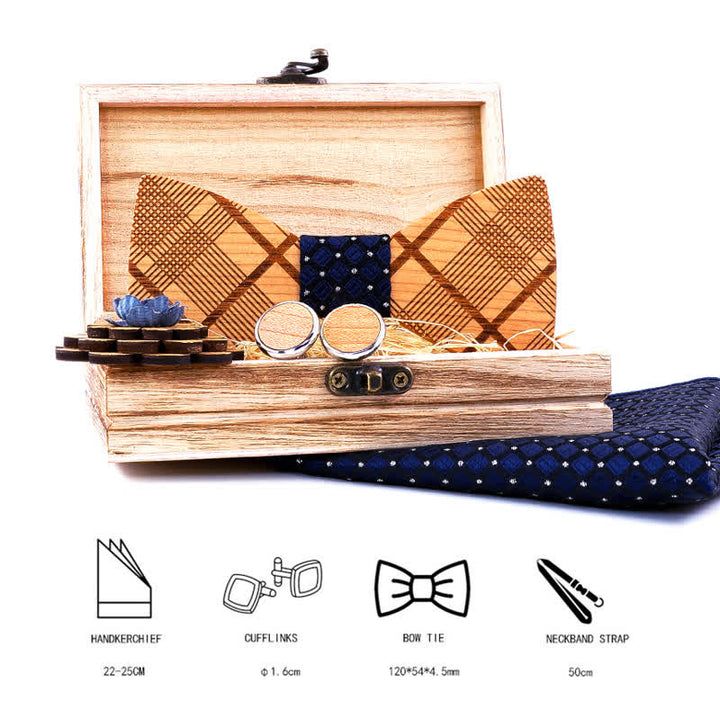 Set di 4 papillon in legno intagliato a quadri da uomo