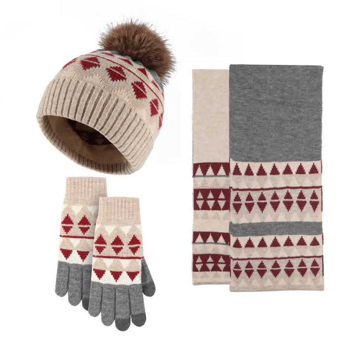 Set di 3 cappelli, sciarpe e guanti con motivo a triangolo da donna