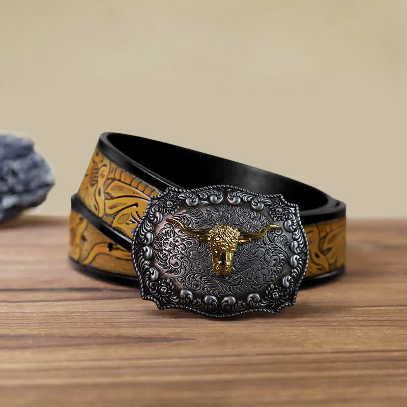 Cintura in pelle fai da te con fibbia in argento anticato Longhorn Bull da uomo