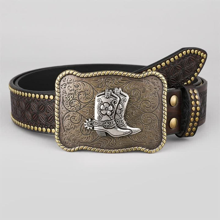 Cintura in pelle con fibbia geometrica da uomo con stivali da cowboy