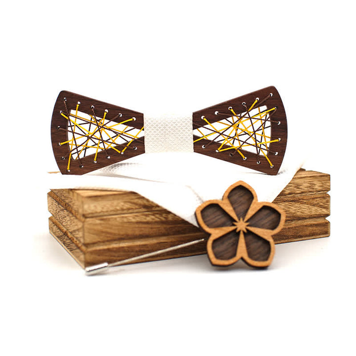 Set di 3 papillon in legno ricamati e intrecciati da uomo
