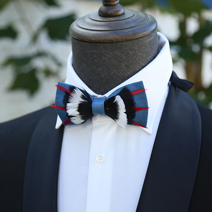 Papillon di piume di lino blu deluxe bianco e nero