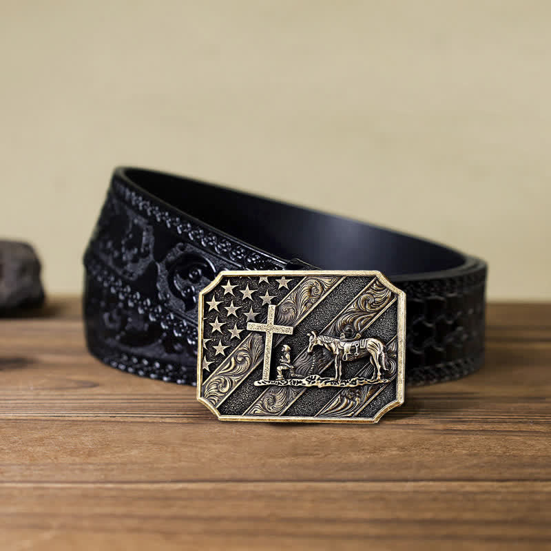 Cintura in pelle fai da te da uomo con fibbia a forma di cavallo con croce e bandiera americana