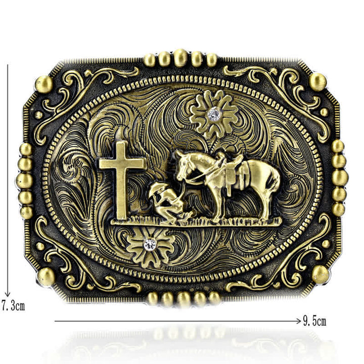 Cintura in pelle fai da te da uomo con fibbia per preghiera inginocchiata a forma di croce di cavallo