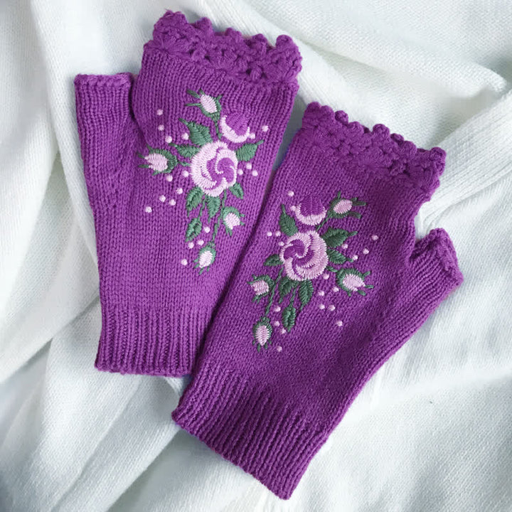 Guanti da donna in maglia a mezza dita con ricami floreali