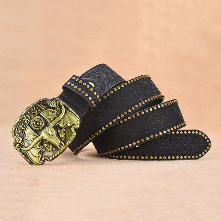 Cintura da uomo in pelle con rivetti Longhorn Steer Antique