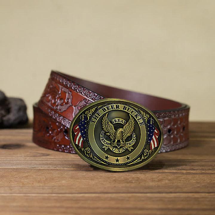 Cintura in pelle con fibbia porta birra creativa fai da te con bandiera USA e aquila da uomo - Bronzo - Cintura marrone intagliata (40) - image 25