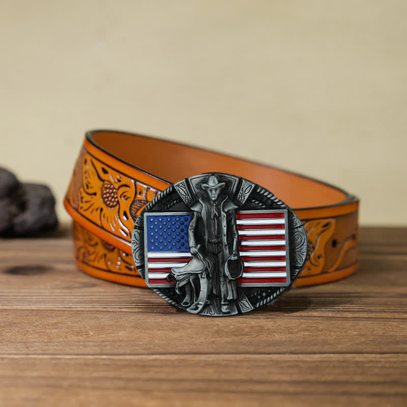 Cintura in pelle con fibbia da cowboy con bandiera americana fai da te da uomo