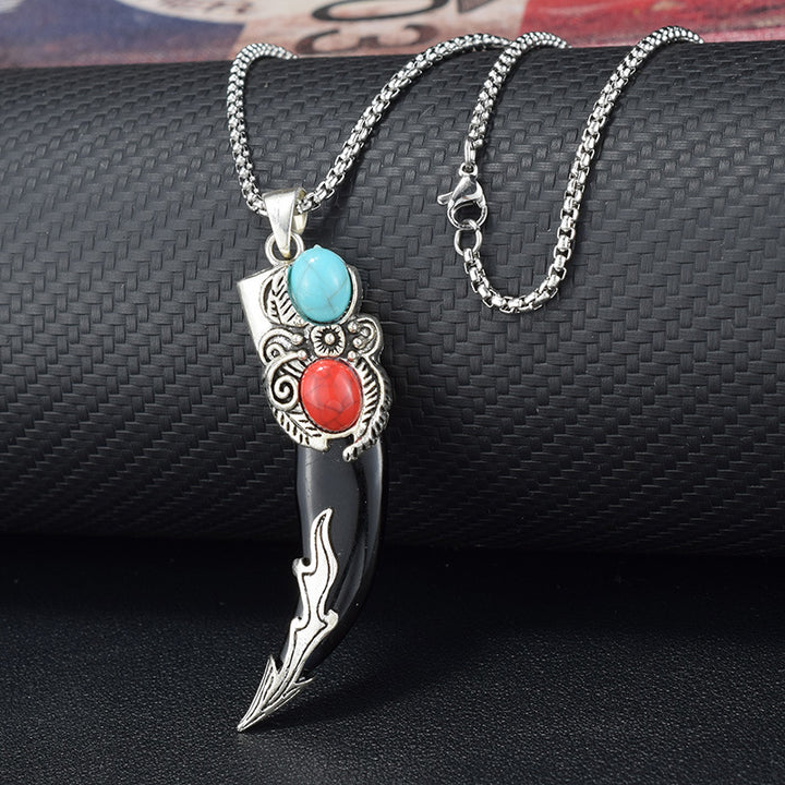Collana da uomo vintage western con due pietre a forma di dente di lupo. - Nero - image 5