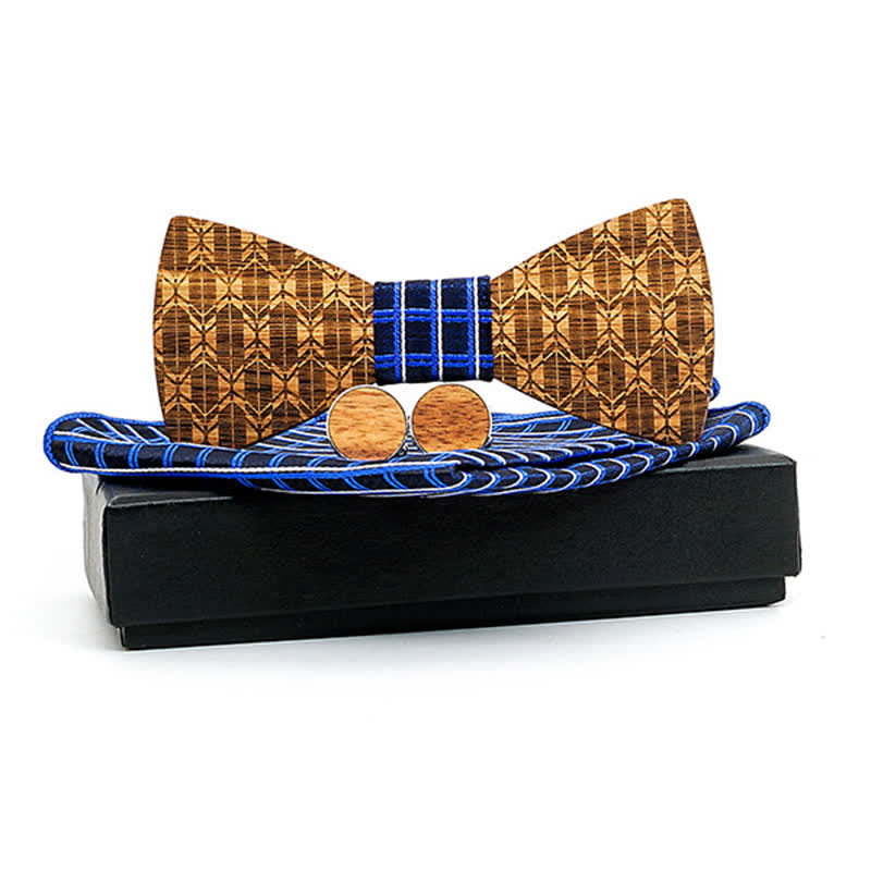 Set di 3 papillon in legno con corona intagliata da uomo - Scacchiera blu - image 0