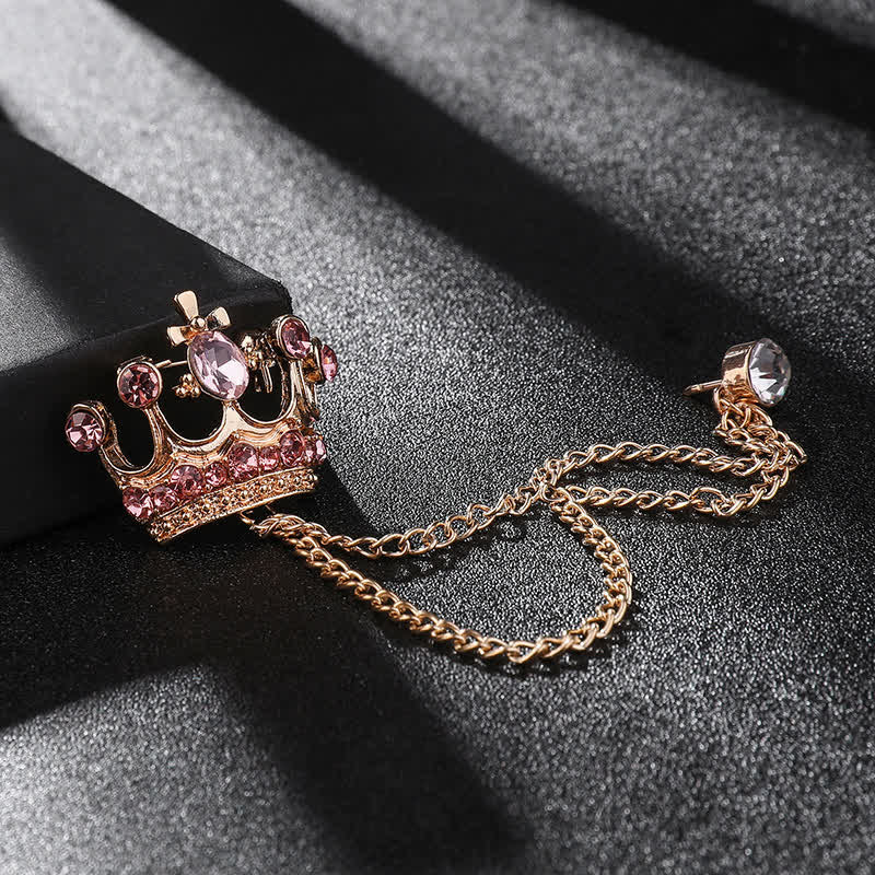 Spilla da uomo con catena a corona retrò e strass - Oro e rosa - image 12