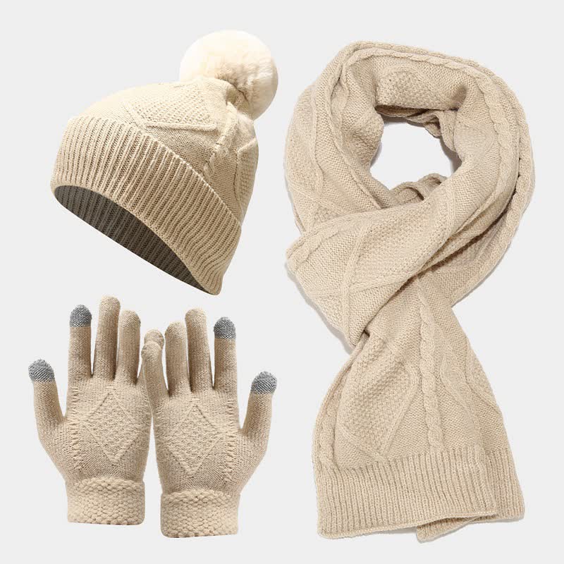 3 pezzi da donna diamante pompon berretto cappello sciarpa guanti set - Avorio - Regolabile - image 13