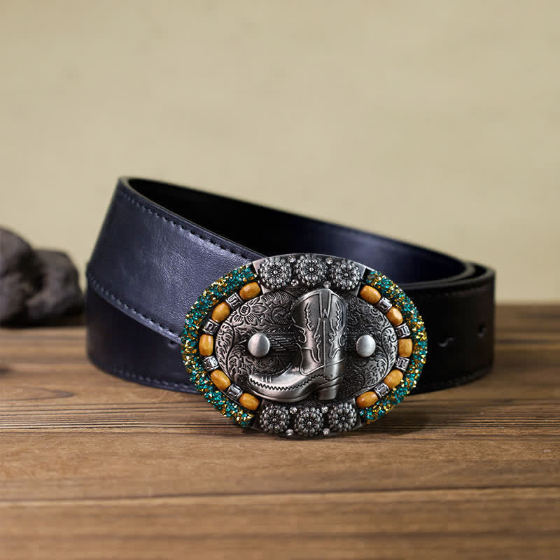 Cintura in pelle con fibbia per stivali con perline di legno e strass fai da te da uomo - Stivale - Cintura PU nera (40) - image 2