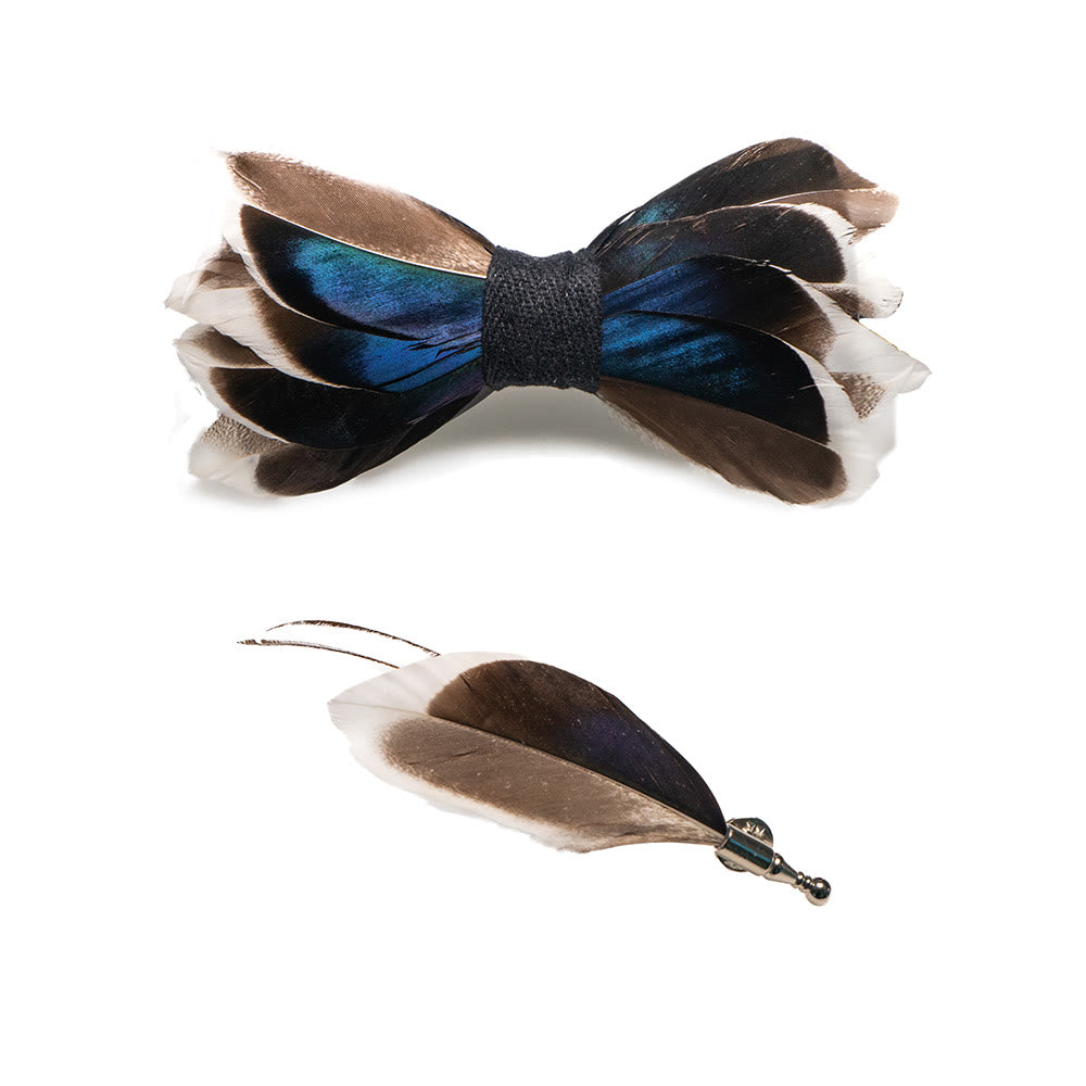Papillon con piume grazioso blu scuro e marrone con spilla da bavero - image 3