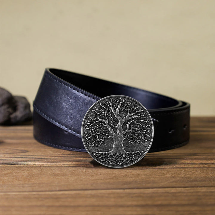 Cintura in pelle con fibbia rotonda fai da te con albero della vita da uomo - Argento - Cintura PU nera (40) - image 8
